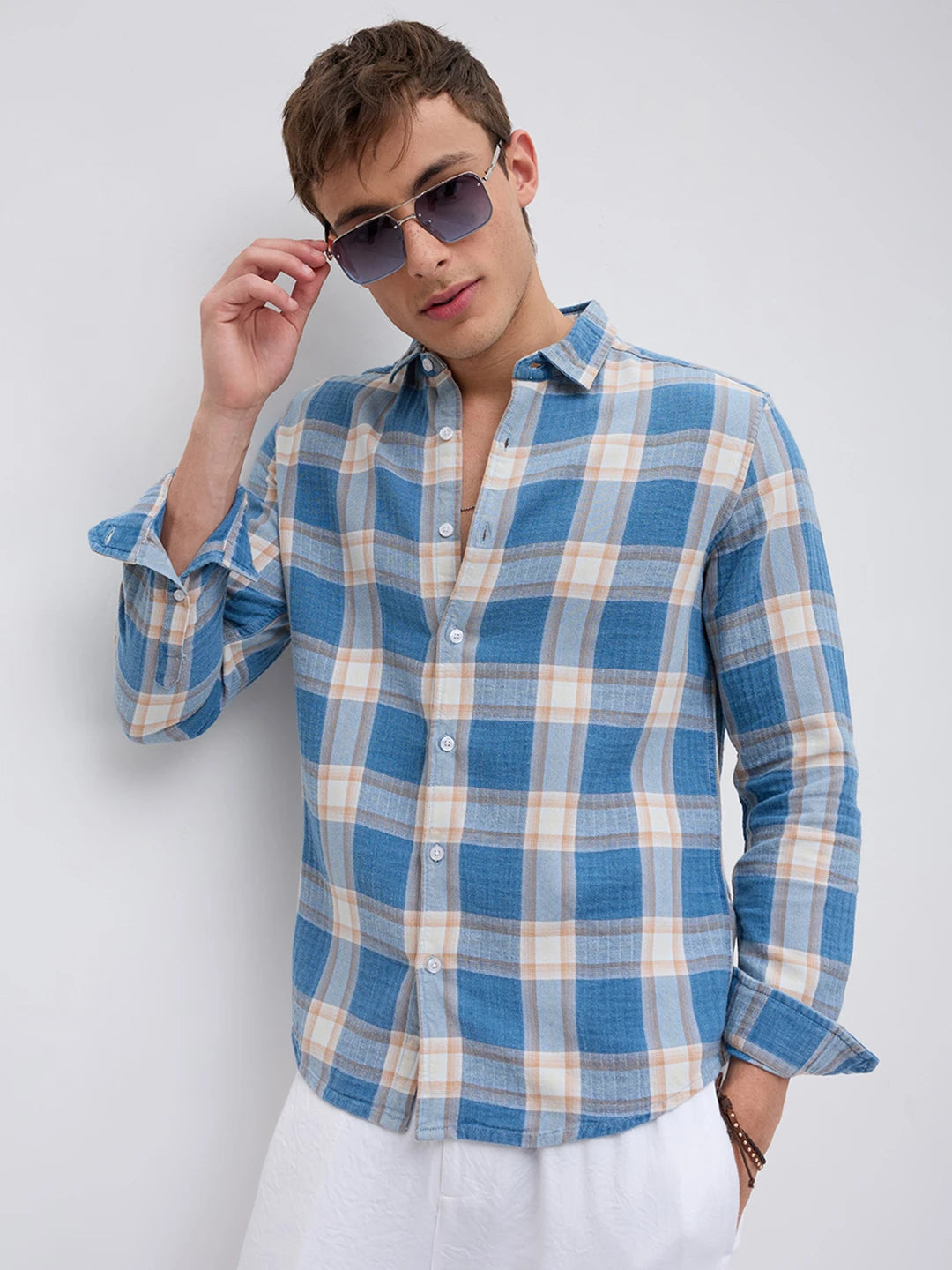Denim Blue & Beige Tartan Checked Shirt