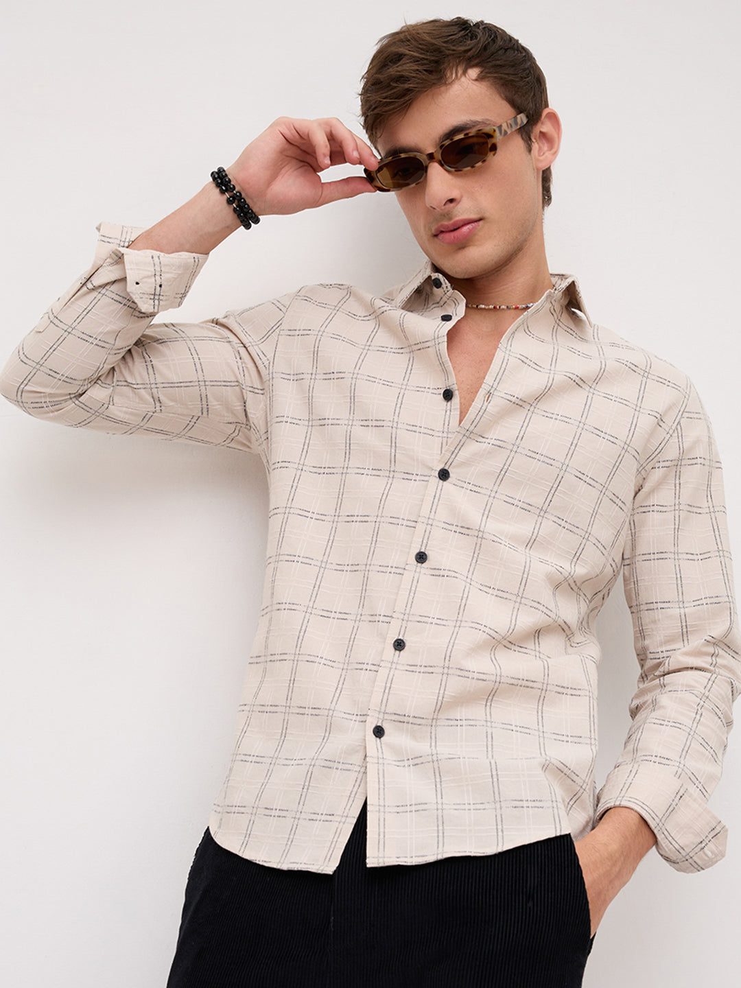 Beige & Black Gridline Graph Textured Checks Shirt
