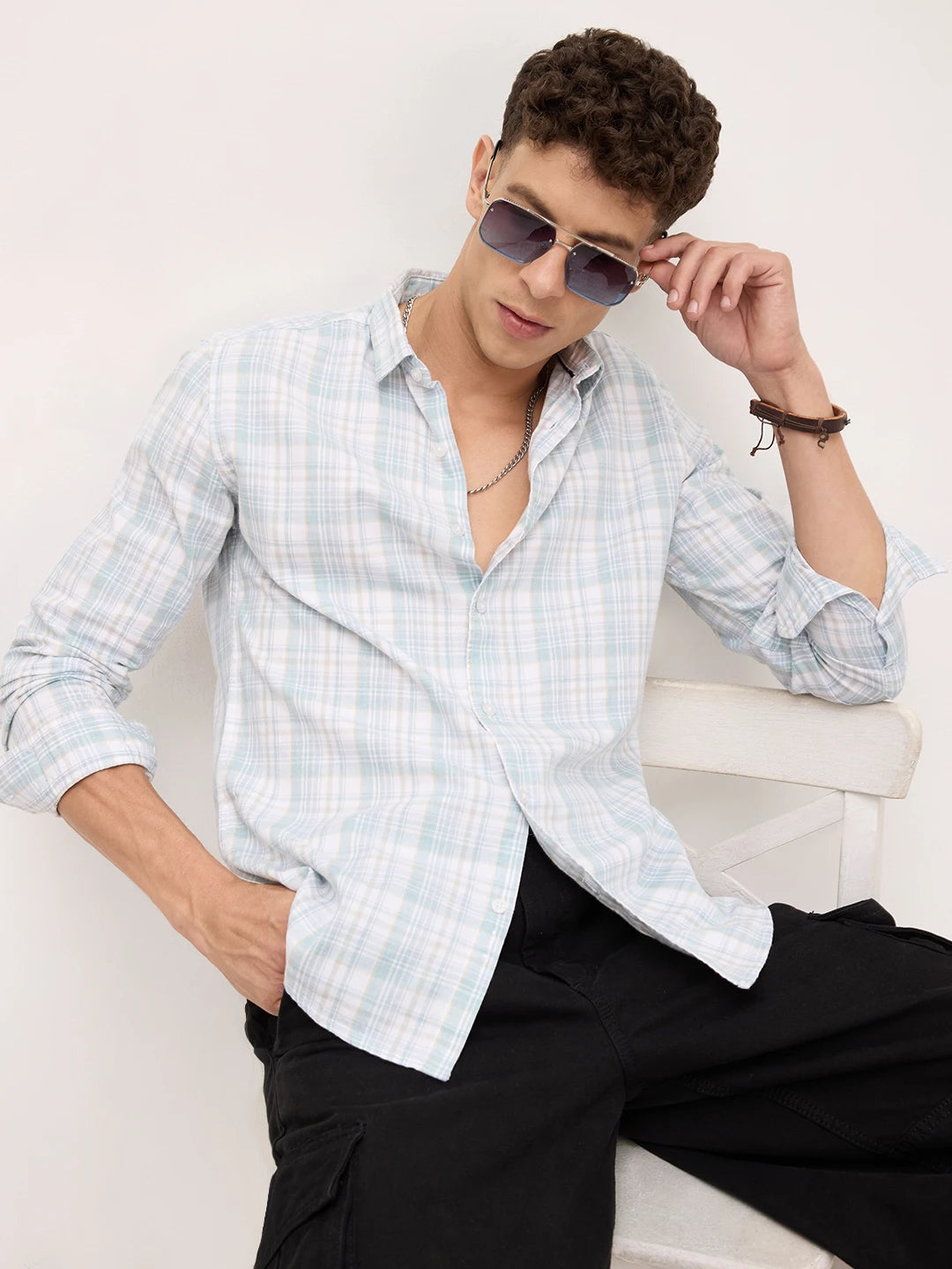 Washed Sage Green Fine Line Grid Checks Shirt