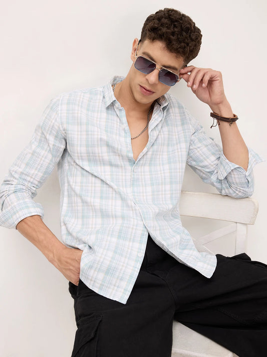 Washed Sage Green Fine Line Grid Checks Shirt