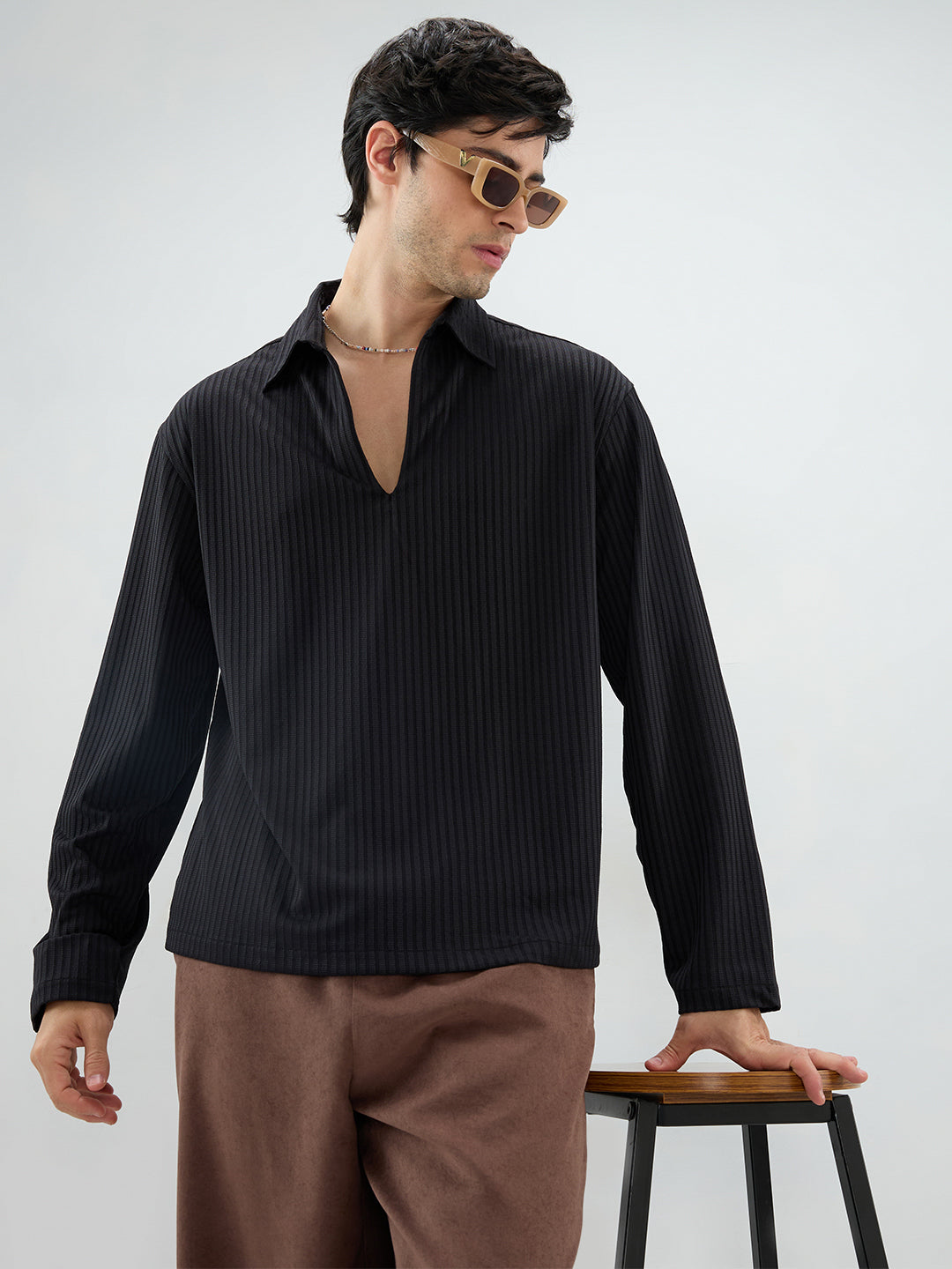 Black Dual Weave Striped Oversized Polo Knit Shirt