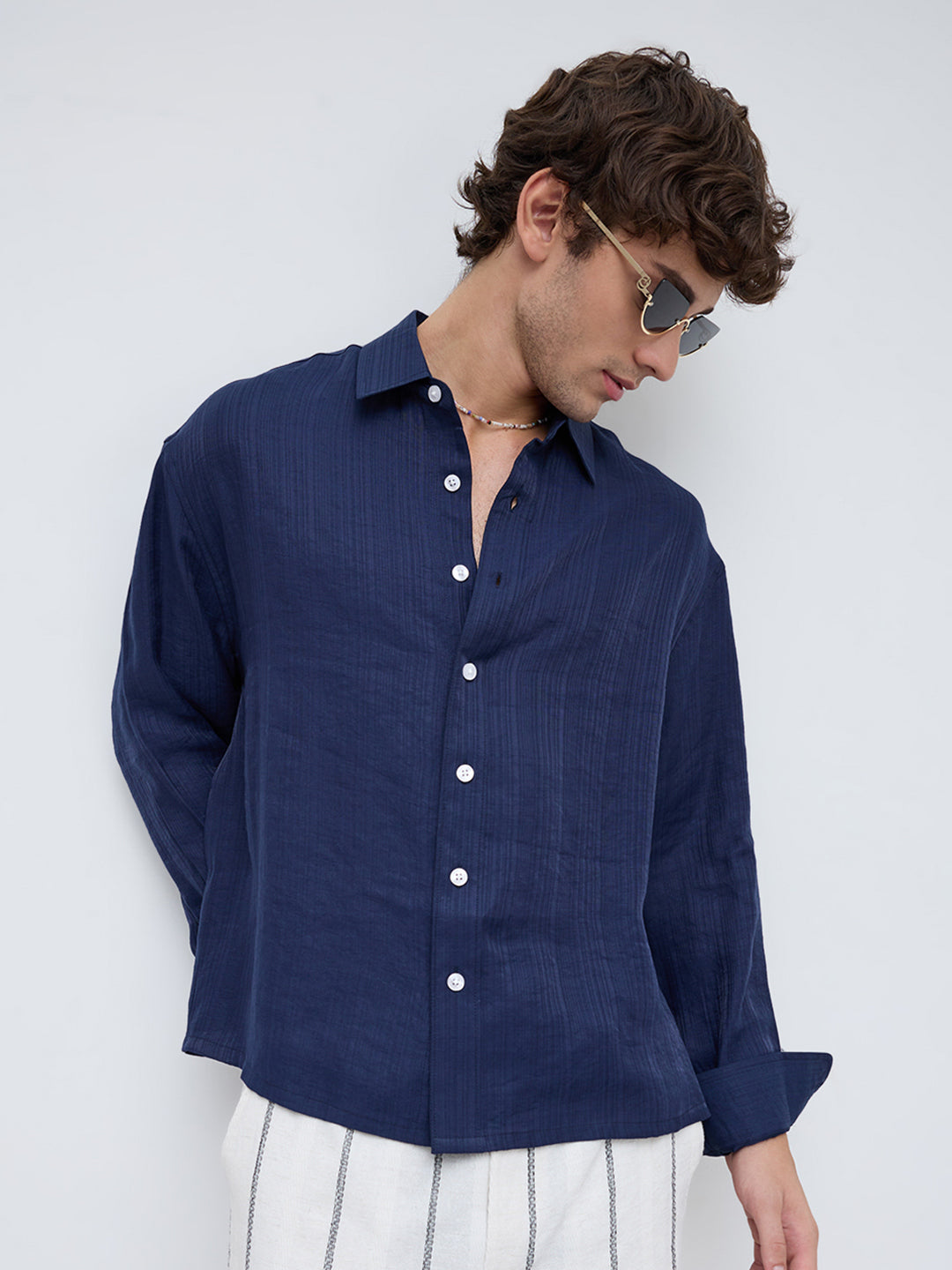 Lustre Navy Striped Weave Boxy Fit Crop Shirt