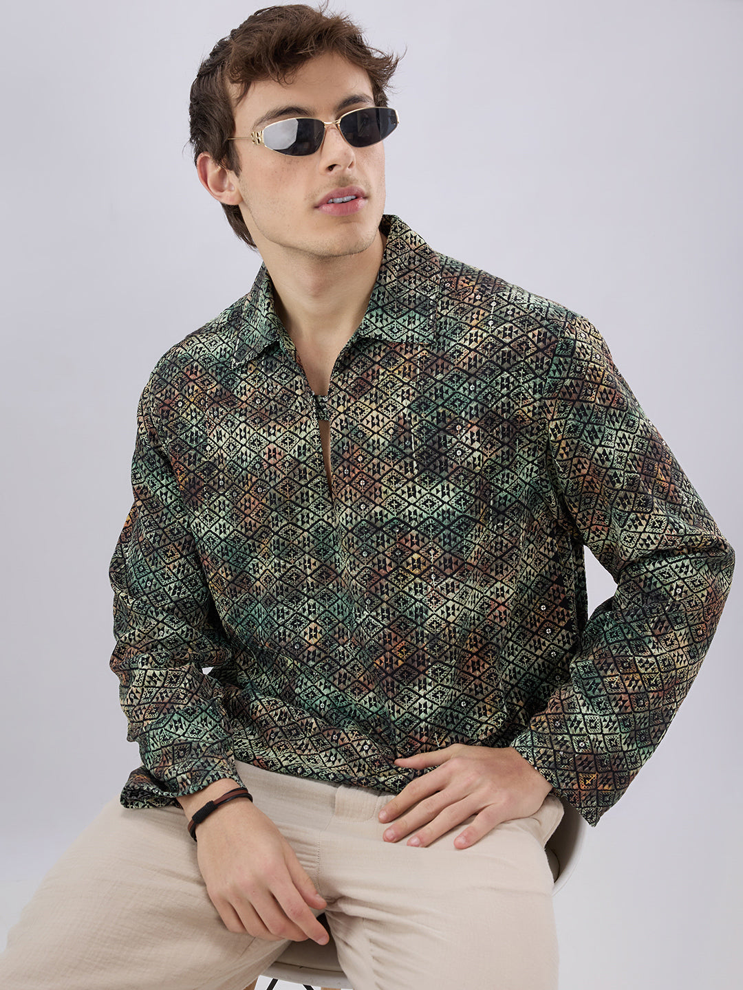 Noor Green Sequin Embroidered Cuffless Oversized Shirt