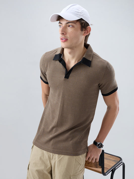Dusty Beige Contrast Polo Neck T-shirt