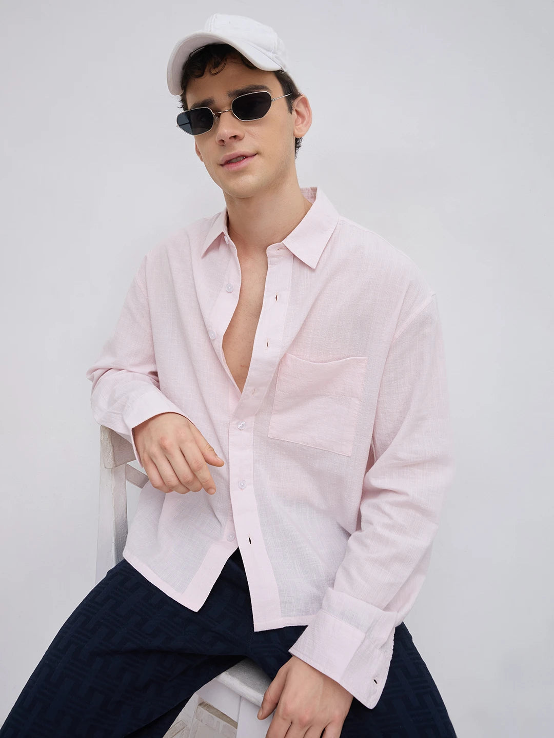 Blush Pink Fine Striped Textured Boxy Fit Crop Shirt