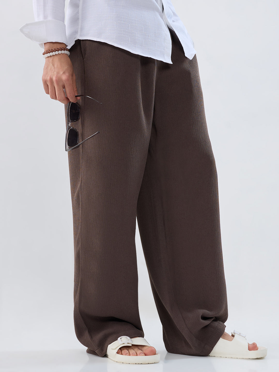 Bark Brown Soft Crepe Wide-Leg Trousers