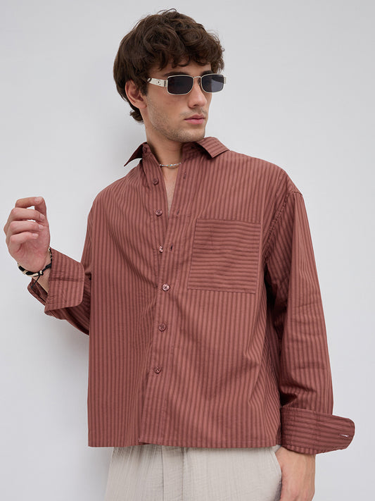 Plush Russet Brown Shadow Striped Boxy Fit Crop Shirt