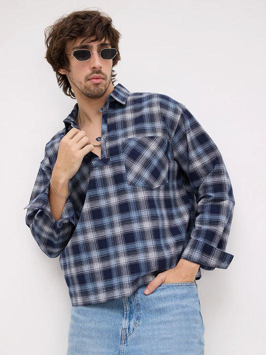Midnight Navy Multi-Scale Architectural Plaid Checks Loop Button Oversized Shirt