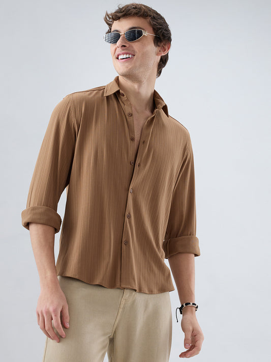Copper Brown Fine Vertical Ribbed Knitted Shirt