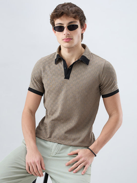 Taupe Textured Contrast Polo Neck Knit T-shirt