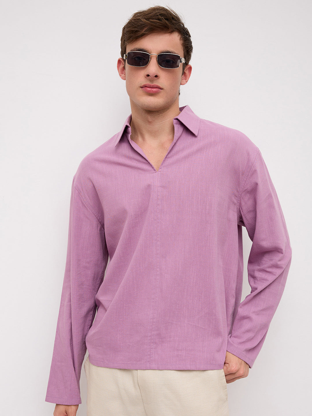 Dusty Rose Pink Slub Textured Center Seam Oversized Polo Shirt