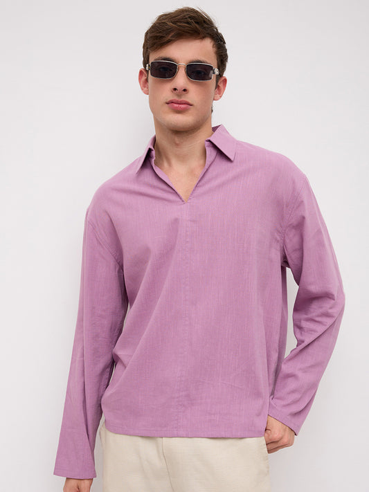 Dusty Rose Pink Slub Textured Center Seam Oversized Polo Shirt