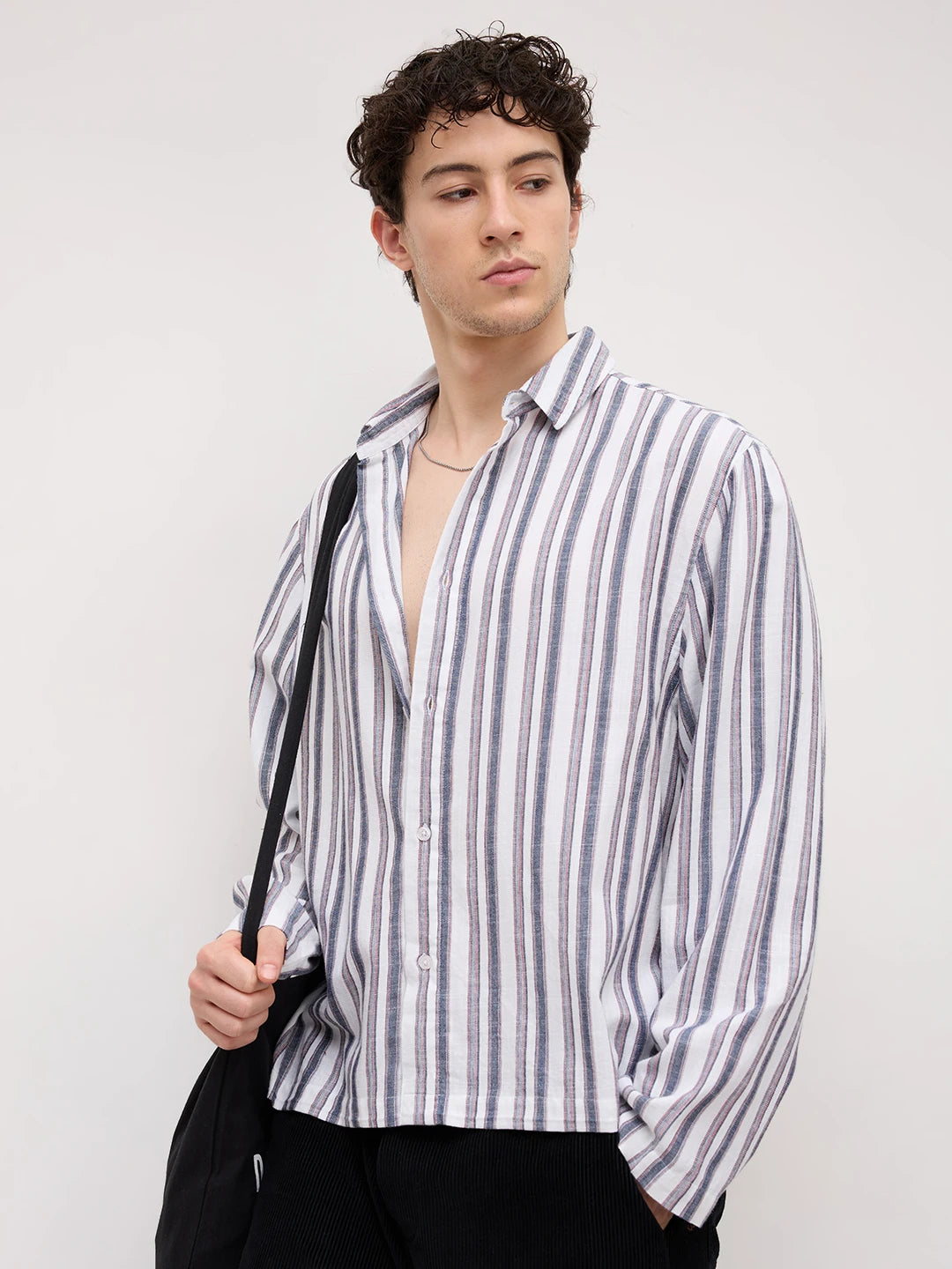 White & Navy Multistriped Cuffless Oversized Shirt