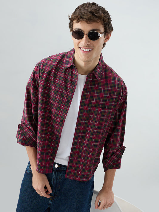 Pink & Olive Plaid Checks Cuffless Oversized Crop Shirt