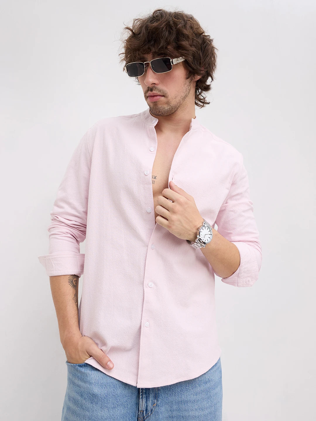 Charming Blush Pink Solid Mandarin Shirt