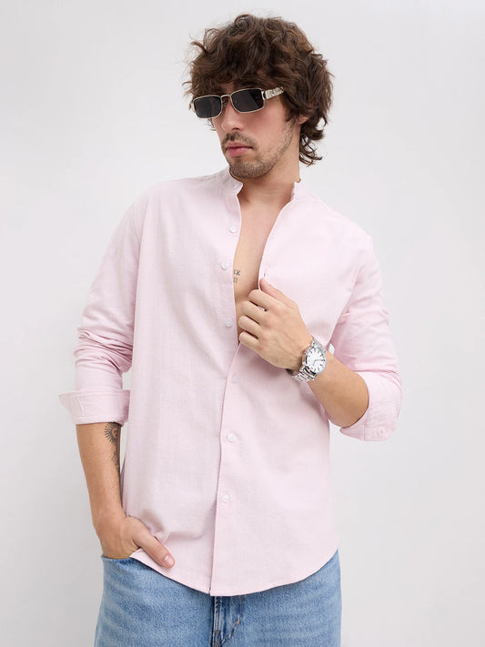 Charming Blush Pink Solid Mandarin Shirt