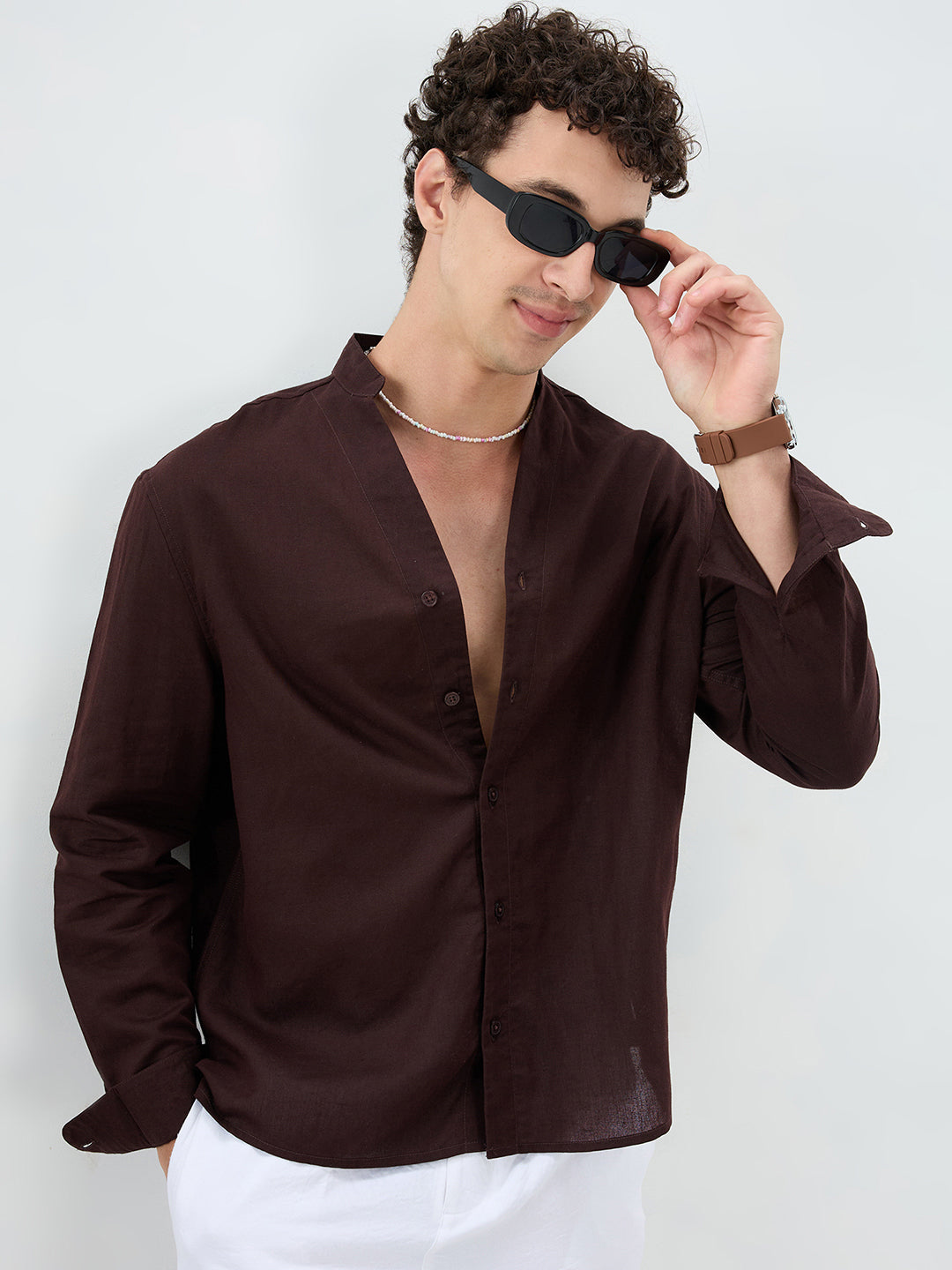 Espresso Brown Linen Blend Stand Collar Oversized Shirt