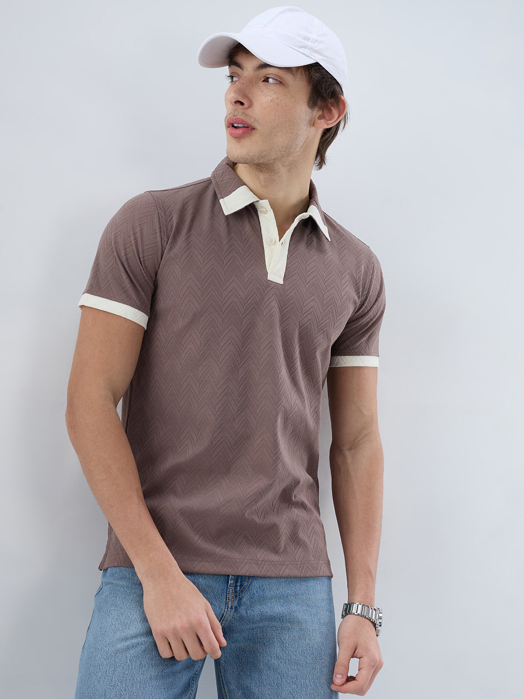 Liver Brown Chevron Contrast Polo Neck T-shirt