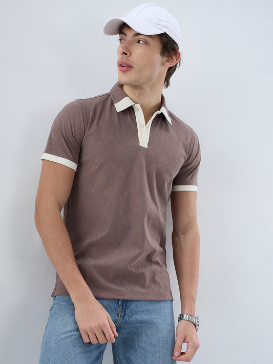 Liver Brown Chevron Contrast Polo Neck T-shirt
