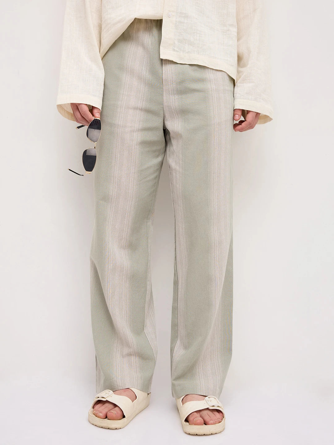 Laurel Green Striped Linen Blend Straight Fit Trousers