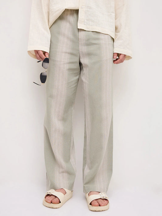 Laurel Green Striped Linen Blend Straight Fit Trousers