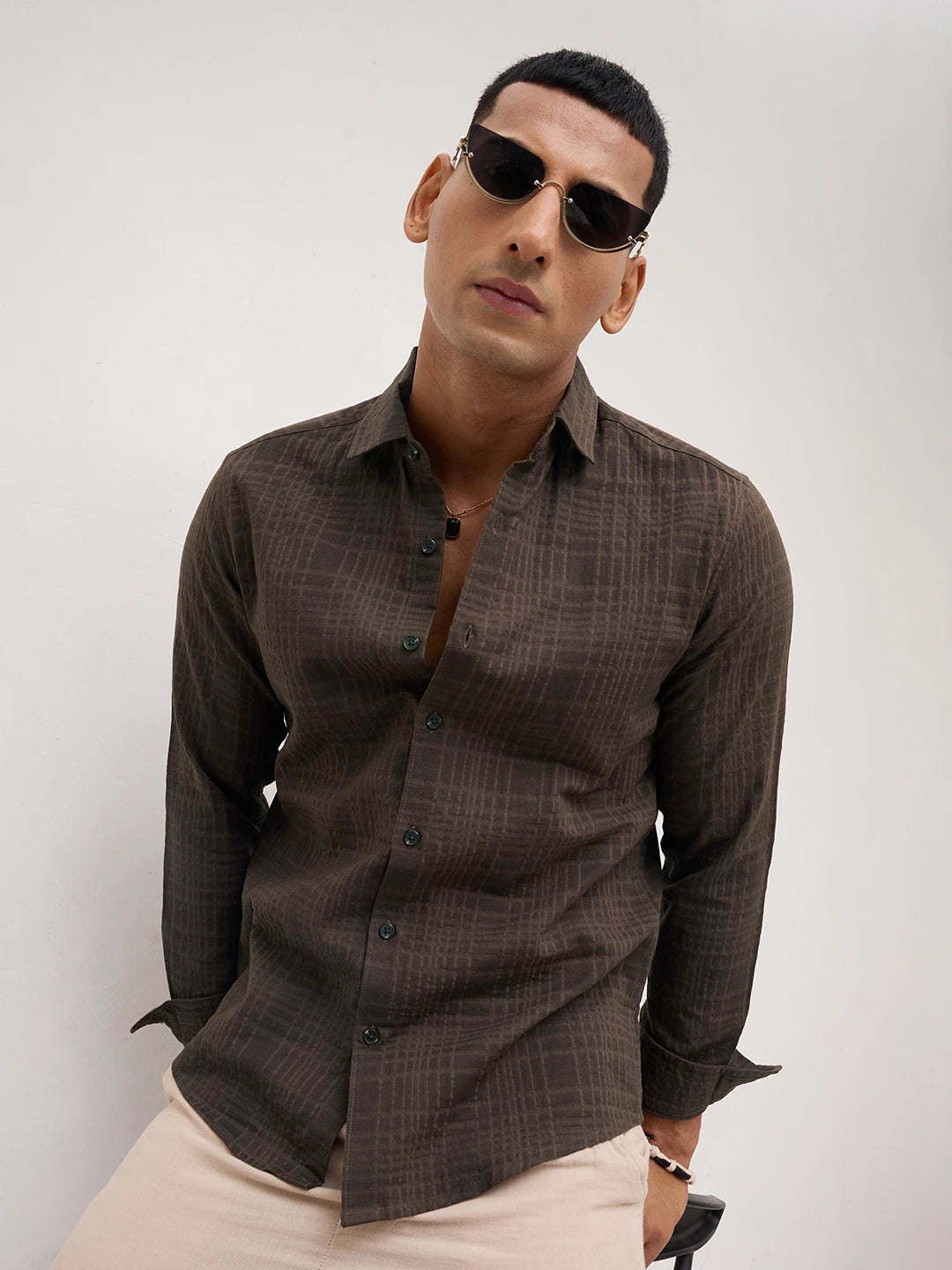 Coffee Brown Ledger Checks Double Cloth Shirt