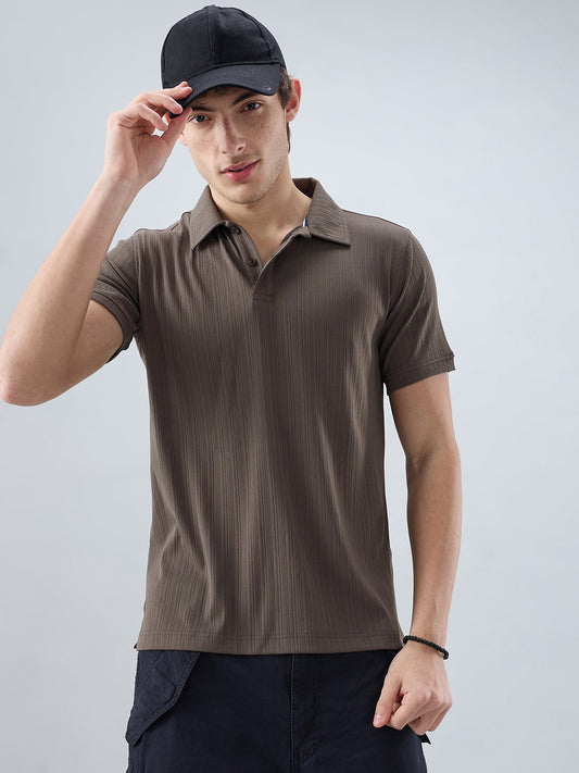 Refined Espresso Brown Hairline Striped Polo Knit T-Shirt