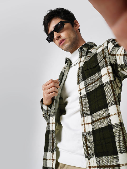 Brown & White Herringbone Weave Checked Corduroy Shirt