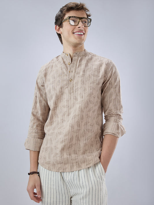 Elegant Beige Leaf Printed Striped Kurta