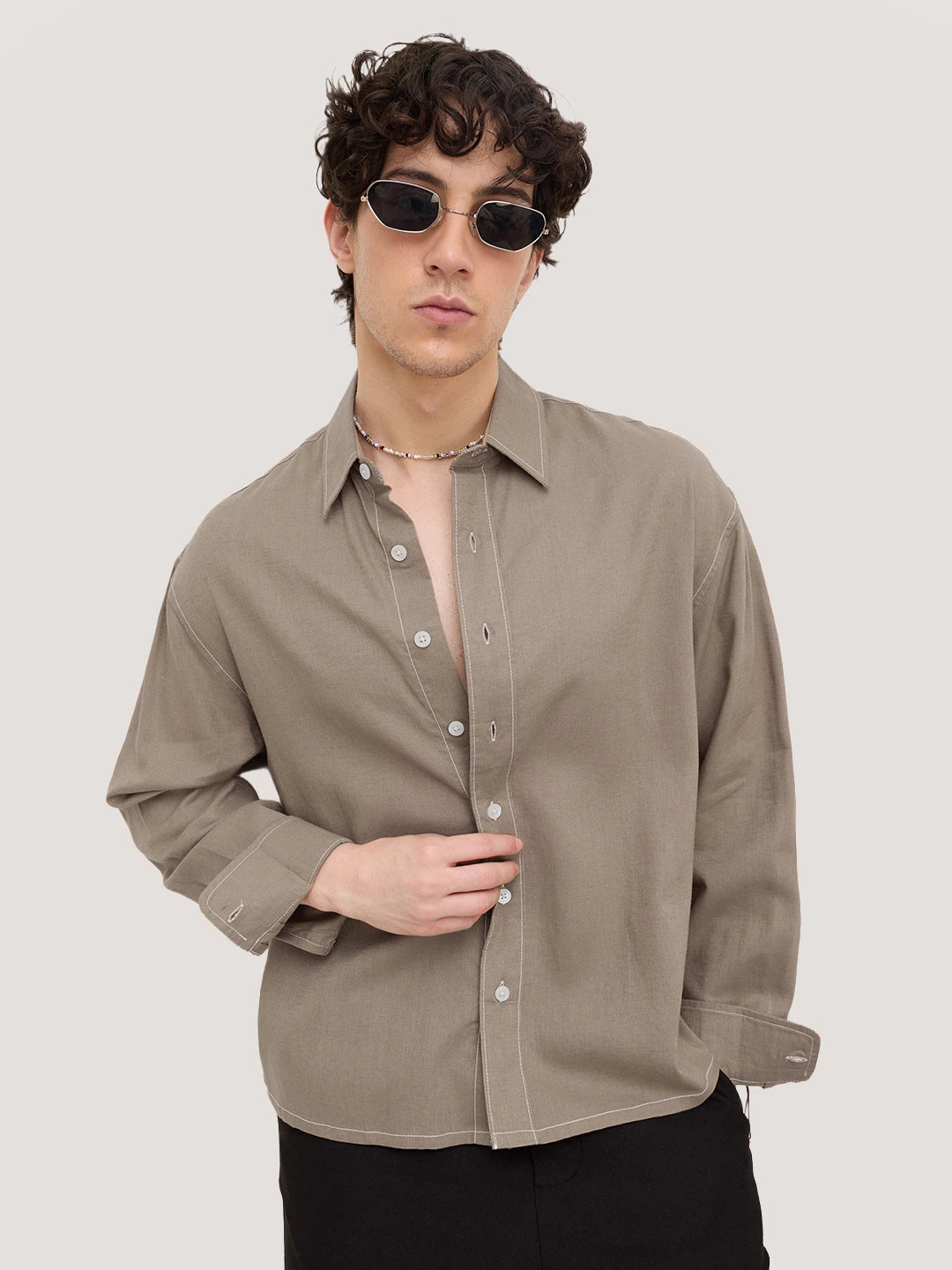 Luxe Soft Khaki Linen Blend Boxy Fit Crop Shirt
