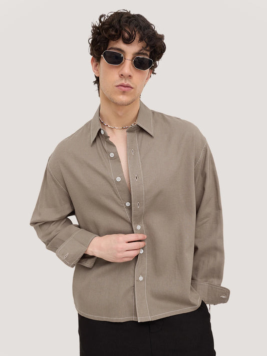 Luxe Soft Khaki Linen Blend Boxy Fit Crop Shirt