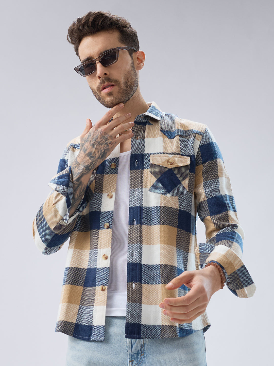 Coastal Breeze Beige Checks Flap Pockets Flannel Shirt
