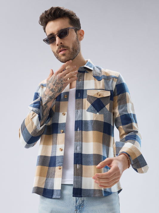 Coastal Breeze Beige Checks Flap Pockets Flannel Shirt