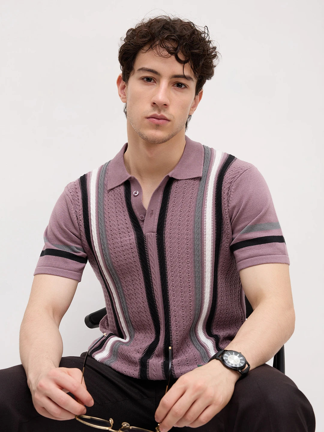 Mauve Ladder Striped Zip Flat Knit Polo T-Shirt