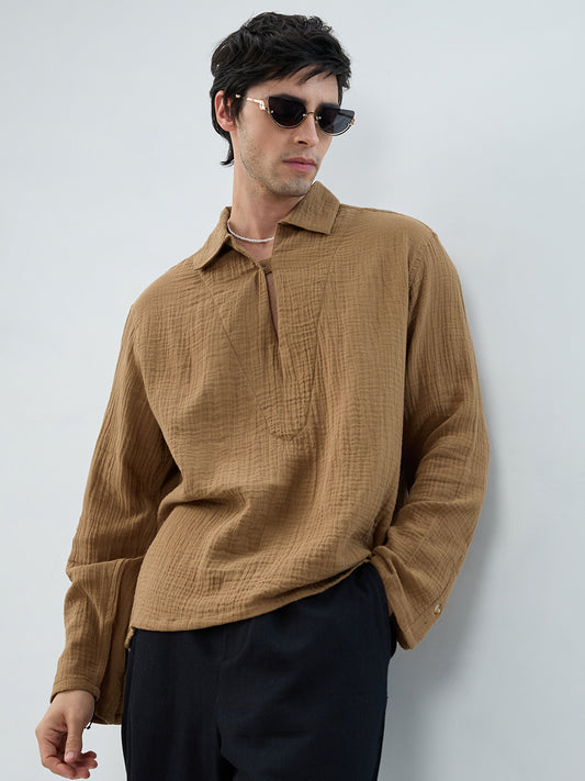 Warm Tan Textured Cuffless Double Cloth Oversized Shirt