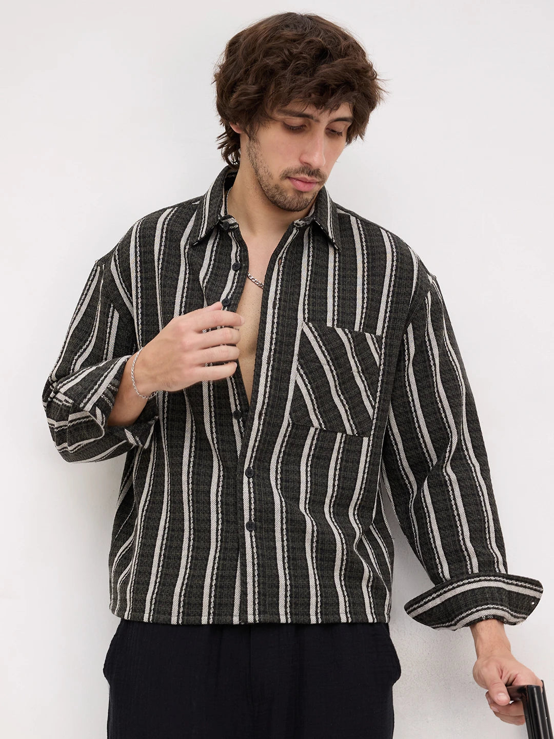 Olive Contrast Artisan Striped Flannel Boxy Fit Crop Shirt