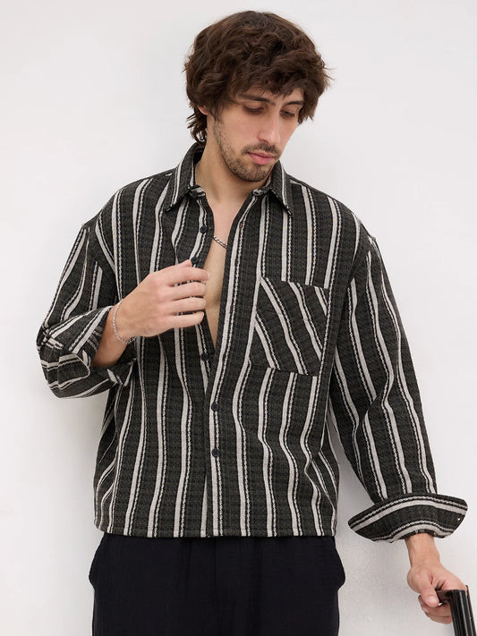 Olive Contrast Artisan Striped Flannel Boxy Fit Crop Shirt