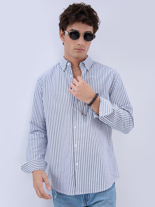 Navy Oxford Vertical Striped Button Down Collar Shirt