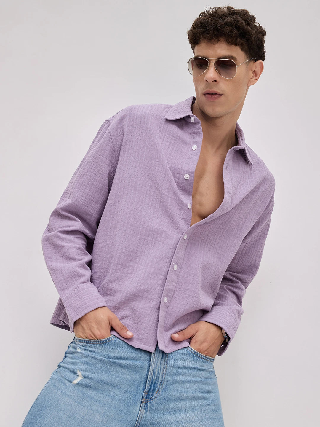 Soft Lavender Double Cloth Gauze Textured Boxy Fit Crop Shirt