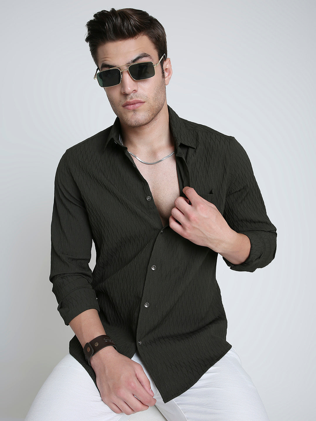 Twilight Olive Self-Design Embossed Shirt