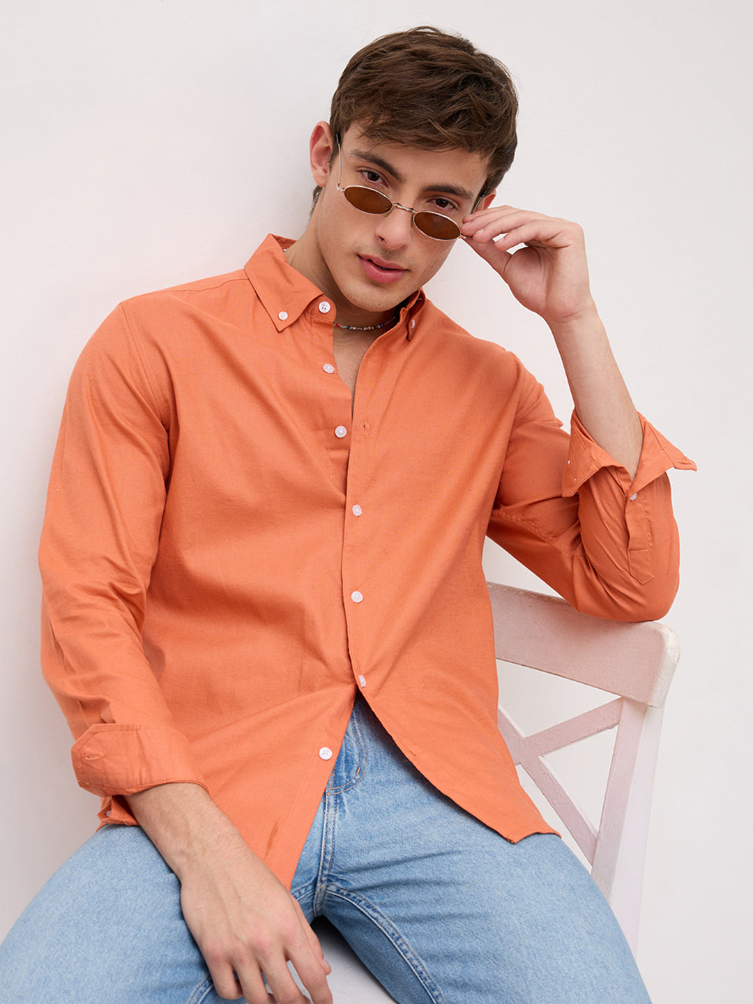 Firey Orange Oxford Linen Blend Button-Down Collar Shirt