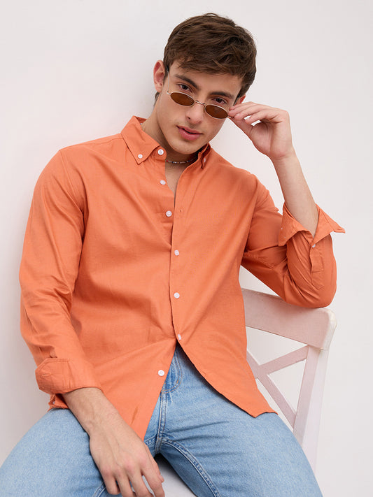 Firey Orange Oxford Linen Blend Button-Down Collar Shirt