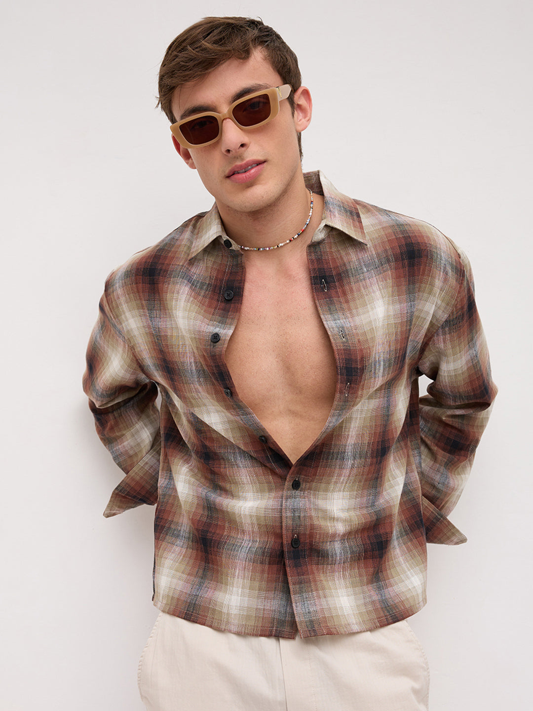 Brown & White Plaid Checks Boxy Fit Crop Shirt