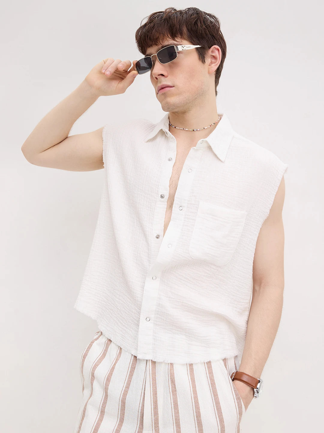 Iconic Frost White Sleeveless Cropped Shirt