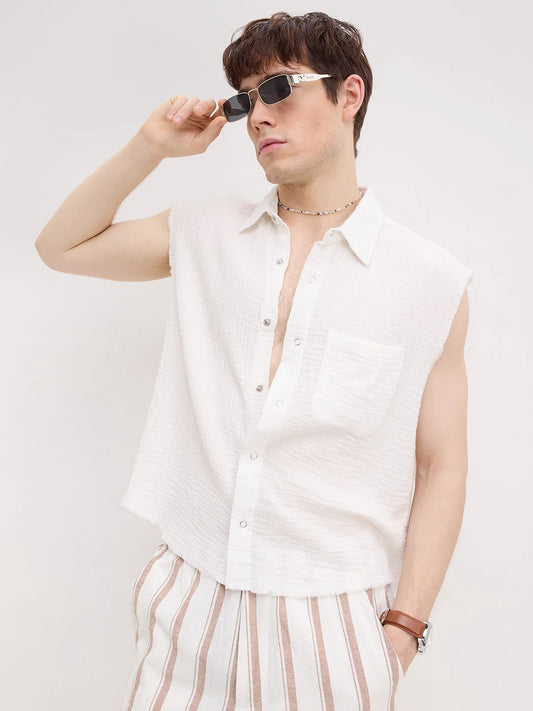 Iconic Frost White Sleeveless Cropped Shirt
