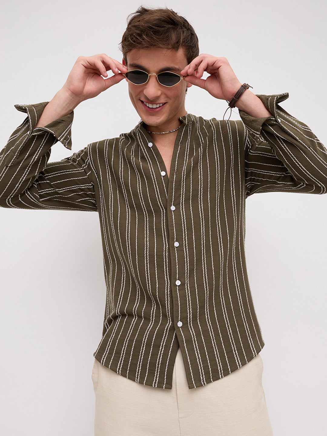 Olive & Ivory Striped Embroidered Mandarin Shirt