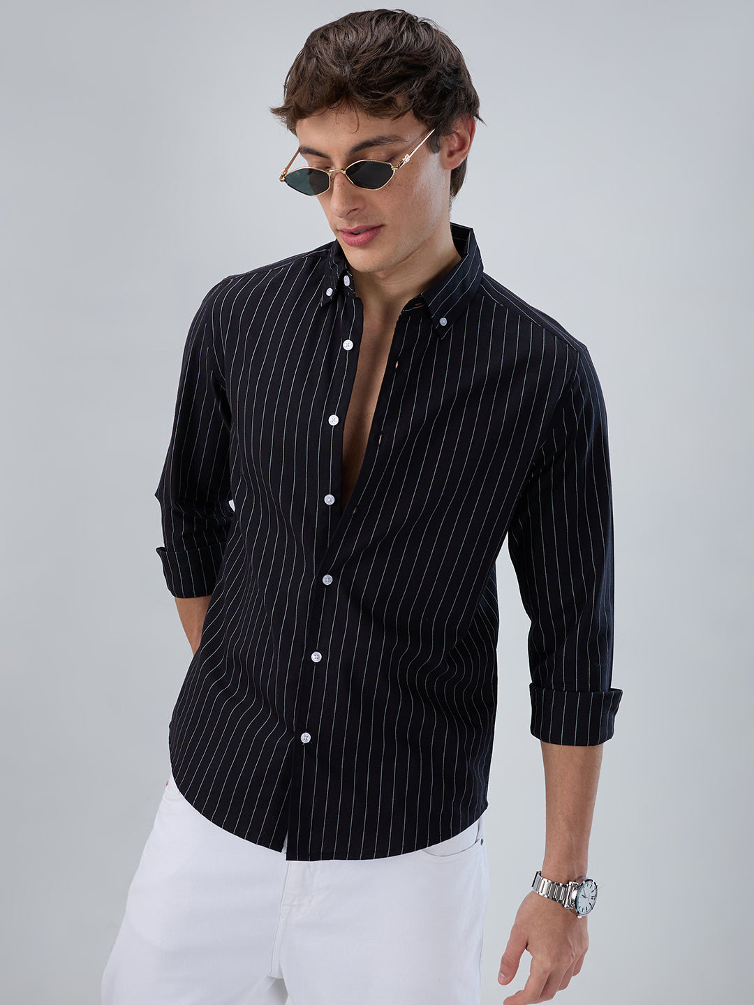 Black Balanced Striped Button Down Collar Shirt