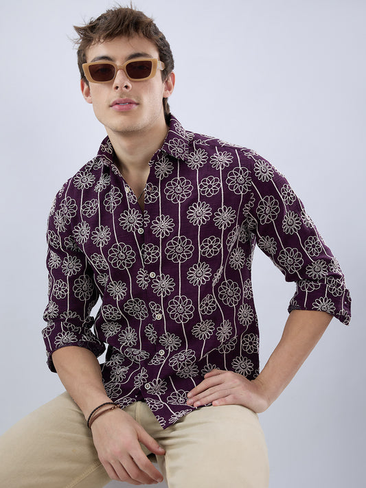 Wine Floral Embroidered Slub Shirt