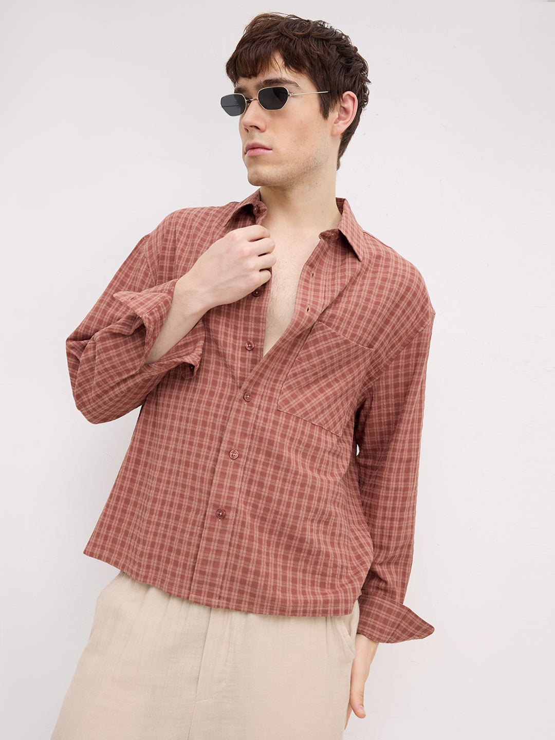 Rustic Brick Brown Atelier Checked Boxy Fit Crop Shirt