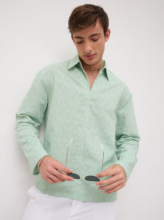 Seafoam Green Melange Textured Center Seam Oversized Polo Shirt